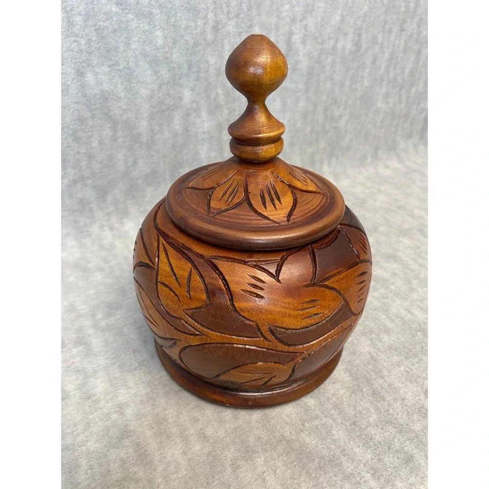 Round Hand Carved Wood Container With Lid‎ Floral Design Decorative Trinket Box